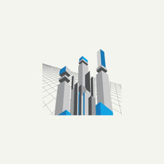 Fototapeta premium Abstract 3D illustration of modern skyscrapers on a grid, representing urban development and city growth.