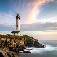Fototapeta premium Towering lighthouse stands sentinel over rocky coast at sunset