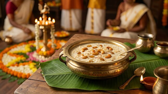 Traditional Indian Onam Sadya dessert, payasam served in a brass bowl on a banana leaf with people in background