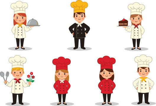 Set of Cute Little Chef Characters and Children Cooks in Professional Uniforms with Food and Kitchen Tools for Culinary Education Restaurant Menus and Kids Cooking Class Designs