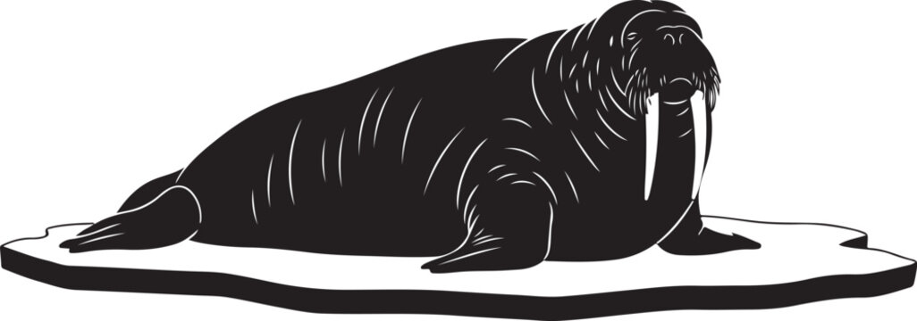 Black walrus lying on ice floe with tusks white