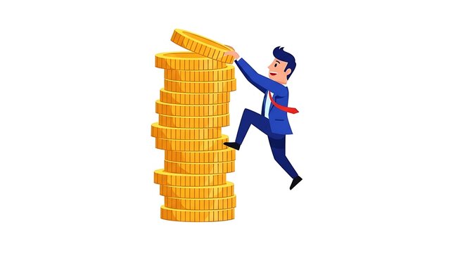 cartoon business person climbing stack of coins, confident pose, success theme, clean minimal style, isolated on pure white background, centered composition