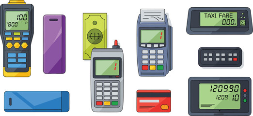Collection of Digital Payment Terminals and Taxi Fare Meters with Credit Card and Cash Icons for Financial Technology, Transportation, and Business App Interface Designs © Sanjida