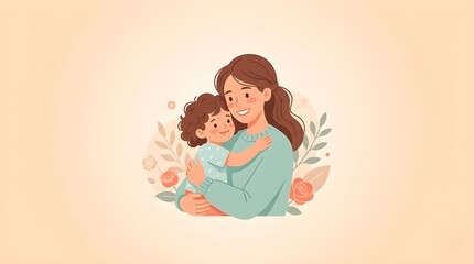 Obraz premium Happy Mother's Day Illustration, Heartwarming Scene of a Daughter Hugging Her Mother and Giving a Flower Bouquet, Loving Family Moment with Hearts and Floral Background
