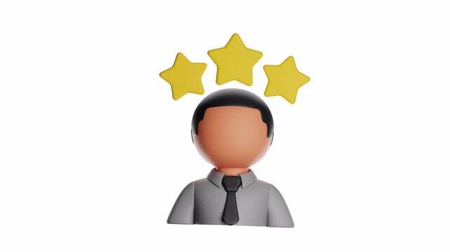 3d looping ui icon person with three stars over their head, symbolizing achievement or excellence. Ideal for award ceremonies, success concept illustrations, or employee recognition designs.