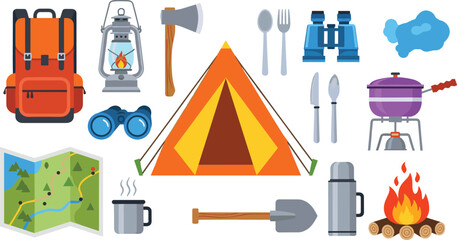 Camping outdoor adventure vector set with tent backpack map lantern binoculars campfire cooking gear and hiking equipment isolated illustration collection © MstGulzan