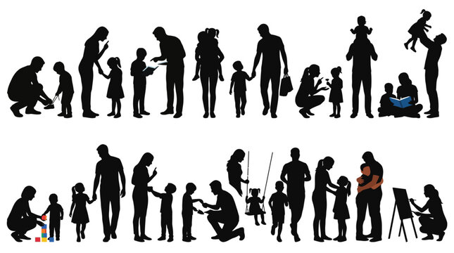 Family silhouettes set with parents and children playing and learning together in black.