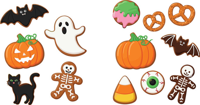Halloween cute cartoon vector set with pumpkin ghost bat black cat candy eyeball gingerbread skeleton and spooky festive illustration collection