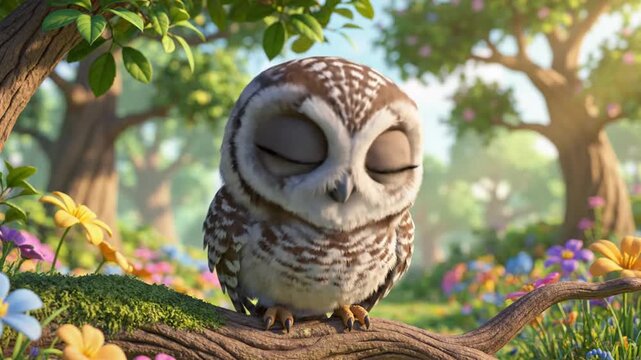 Animated owl with open wings perched on a branch in a green environment