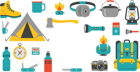 Camping gear and hiking equipment vector set including tent backpack lantern flashlight cooking pot compass knife and outdoor adventure essentials © MstGulzan