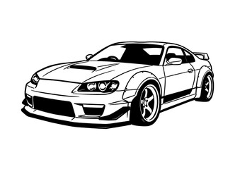 Fototapeta premium Japanese sports car vector illustration. JDM drift car outline. Street racing modified coupe line art. Widebody performance vehicle graphic.