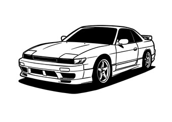 Japanese classic sports car line art illustration. JDM drift culture coupe vector style. 90s automotive graphic design on white background. © DandiPdn