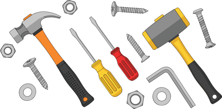 Hand tools vector illustration set featuring hammer rubber mallet screwdrivers nails bolts nuts and hex key isolated on white background