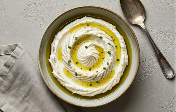 Brandade de Morue topped with herbs in bowl on gray surface. Concept of whipped cod with olive oil potato showcased in minimalistic setting with textures and colors.