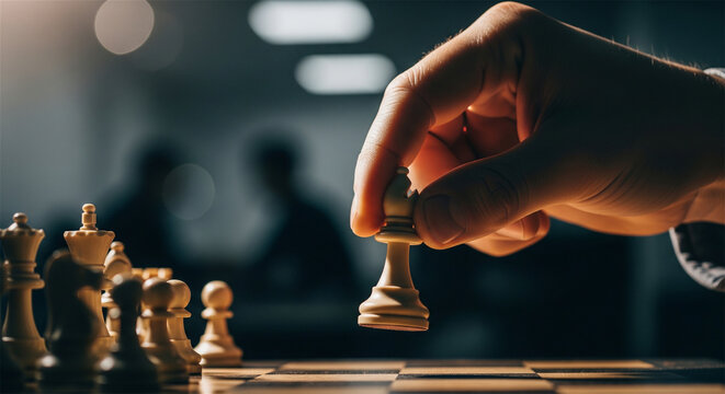 Strategic hand moves a chess piece forward in a decisive game