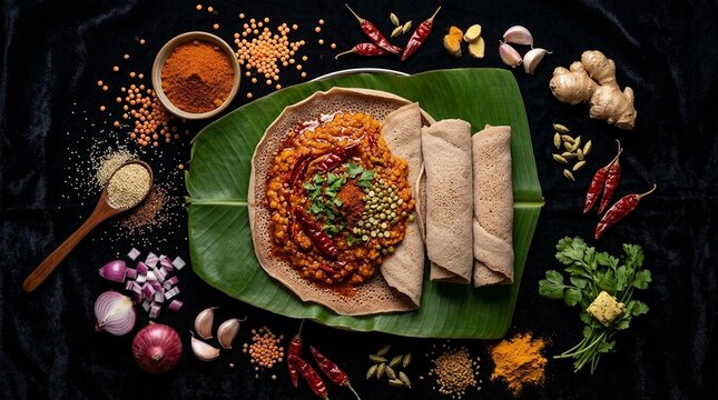Ethiopian Injera Flatbread with Spicy Lentil Stew and Traditional Sides