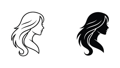 Profile portrait of a woman with long flowing hair vector icon featuring linear and solid black versions for beauty and fashion branding © Leo