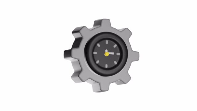 3d looping ui icon gray gear with a clock face inside its center, ideal for illustrating time management, business operations, industrial processes, and technology.