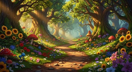 Fototapeta premium Mystical garden path surrounded by flowers and trees