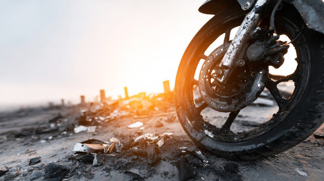 Burnt motorcycle wheel and damaged parts with charred texture, sitting in an environment of debris and devastation beneath a bright sky