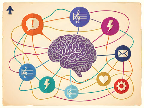 Brain with various icons and colorful lines connecting them