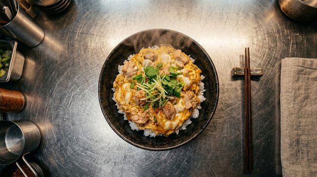 Japanese Oyako Don Chicken and Egg Savoury Broth over Rice Bowl