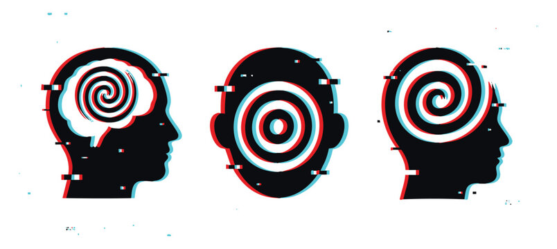 Set of human head silhouettes with spiral inside the brain featuring a digital glitch effect for mental health and psychology concept, vector art on transparent background