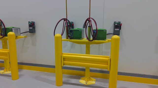 warehouse interior Forklift Battery Charging Station with Yellow Safety Barriers