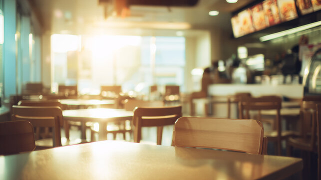 Empty fast food restaurant and cafe interior. Warm sunlight creating flair through large window. Blurred counter and menu boards in background