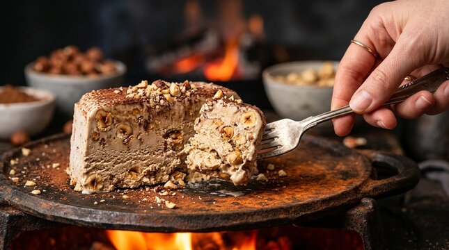 Slice of Frozen Hazelnut Semifreddo Dessert Being Sampled with a Fork