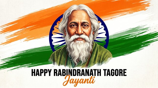 Rabindranath Tagore Jayanti A4 Poster with Indian Tricolor Brush Theme