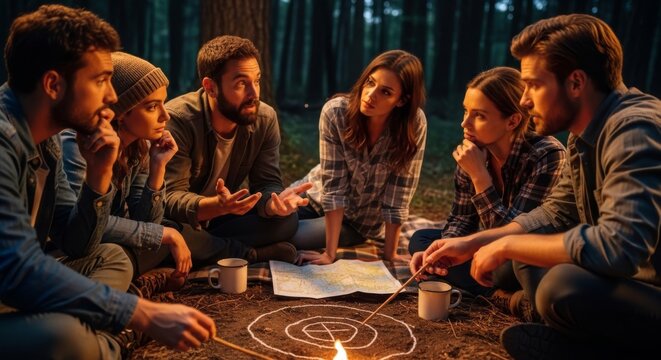 Group of friends gathered around campfire at night