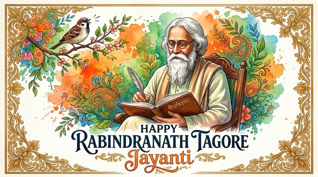 Rabindranath Tagore Jayanti A4 Poster with Indian Tricolor Brush Theme