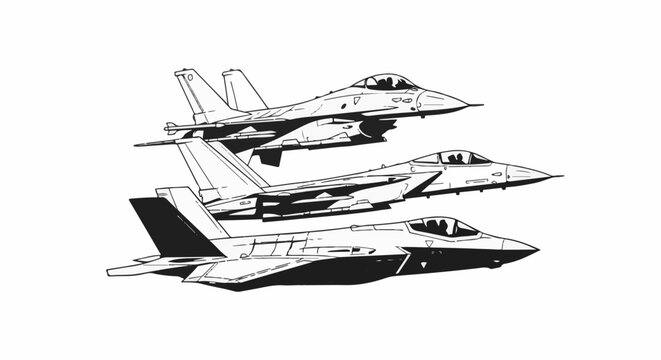 Three military jets flying in formation, rendered in black and white