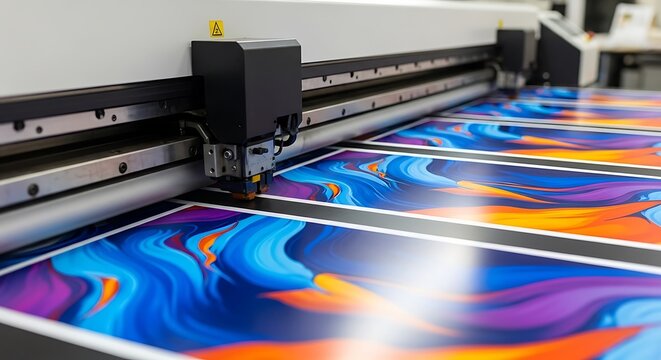 Large format printer creating colorful abstract design