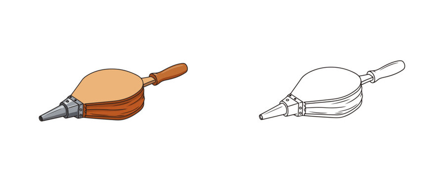 Traditional fireplace bellows in cartoon style using brown, tan, and grey colors for smithy airflow representation on a white background with line art version