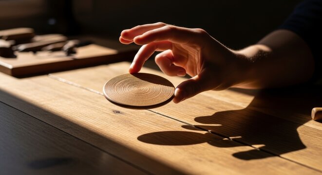 Hand Holds Miniature Wooden Disc Model on Table