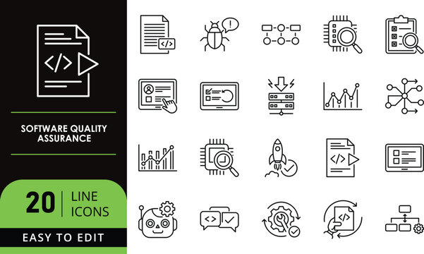 flat design software quality assurance icons set for tech and business presentations