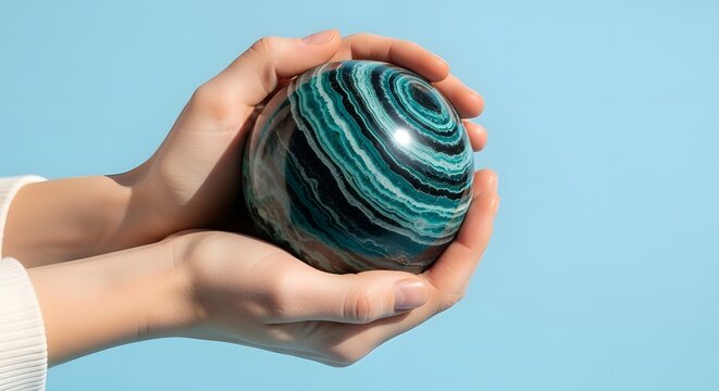 Hands holding a polished malachite stone against a light blue background