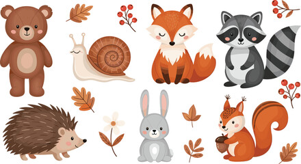 Cute Forest Animal Character Set with Bear, Fox, Snail, Rabbit, Hedgehog, and Squirrel, Ideal for Nature, Wildlife, and Kids' Designs © Rownok