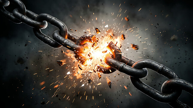 Heavy metal chain breaking apart in mid air with explosion and sparks on dark background