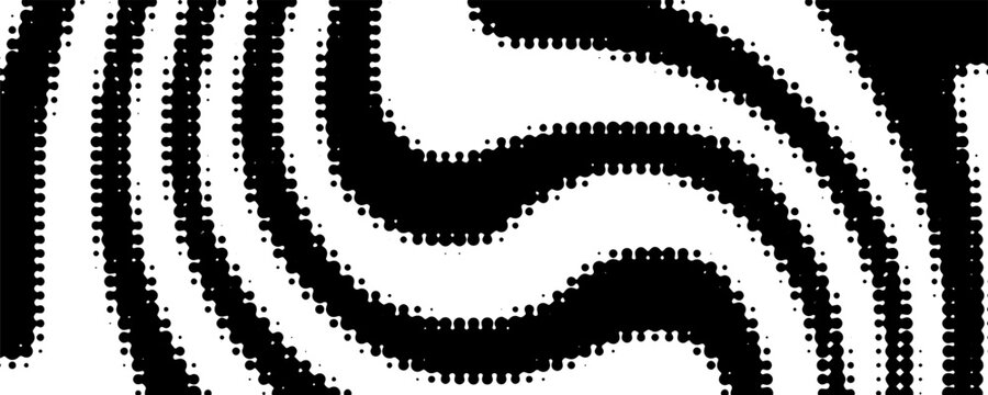 Black radial halftone circles. Dotted sound wave rings. Stippled epicenter, target, radar icon concept. Ripple concentric signal vibration element. Vector round dashed and dotted gradient pattern