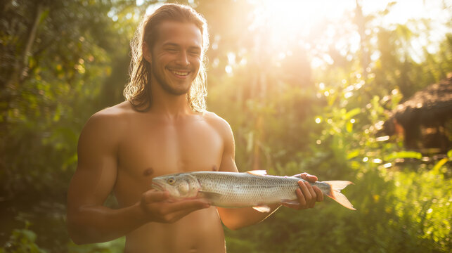 Shirtless man proudly holding a freshly caught fish outdoors, smiling in golden tropical light