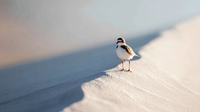 Minimalist scene showing a plover bird standing on a pale sand dune with soft gradient background and gentle tones