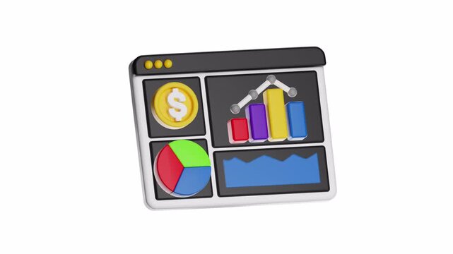 3d looping ui icon website dashboard with charts, graph, and dollar sign. Suitable for financial websites, business reports, marketing presentations, or economic blogs.