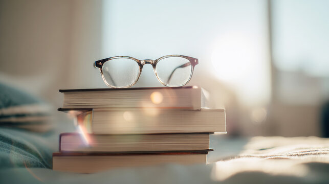Reading glasses sitting on a stack of books, creating a cozy scene with soft light and lens flare indoors