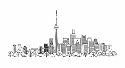 Fototapeta premium Stylized outline drawing of a city skyline with a prominent tower and trees