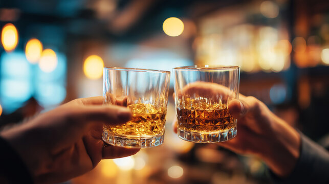 Two hands clinking whiskey glasses in a warm bar setting, celebrating friendship and social moments