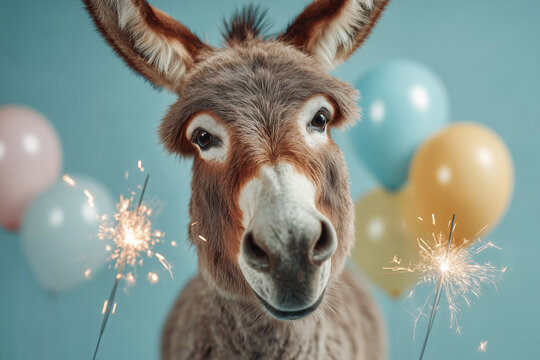 Funny cute donkey animal character with balloons and burning sparklers around against blue background with copy space. Birthday party banner for kids.