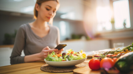 Naklejka premium Woman enjoying healthy salad and using smartphone for fitness app or social media during her lunch break in a bright kitchen
